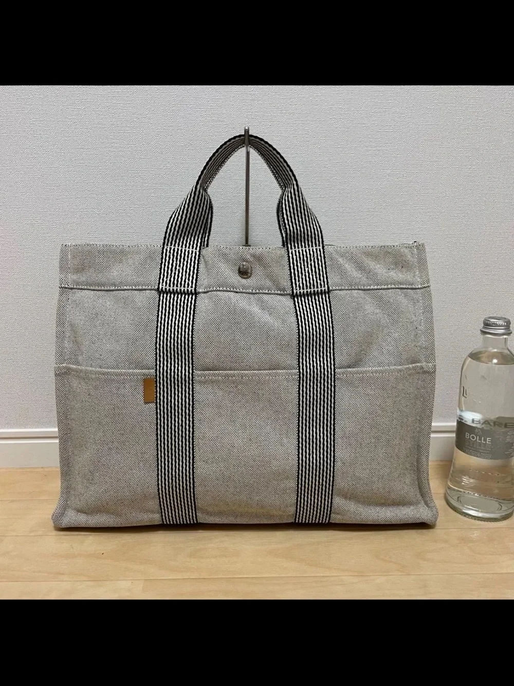 Hermes Gray Canvas Tote with Striped Web Handles